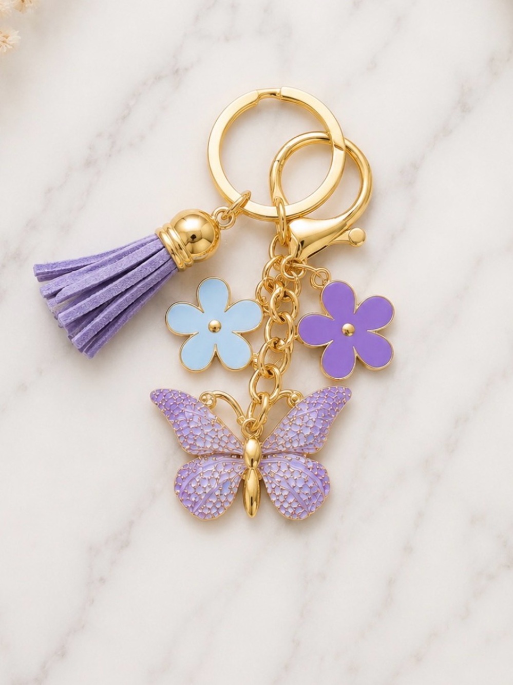 Purple Butterfly Bag Charm Keyring With Flower & Tassel Accent-Gold Hardware